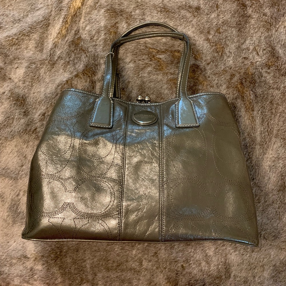 Grey patent leather Coach satchel